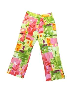 Catherine Stewart Colorful Abstract Print Capri Pants Womens 8 Pink Green Yellow